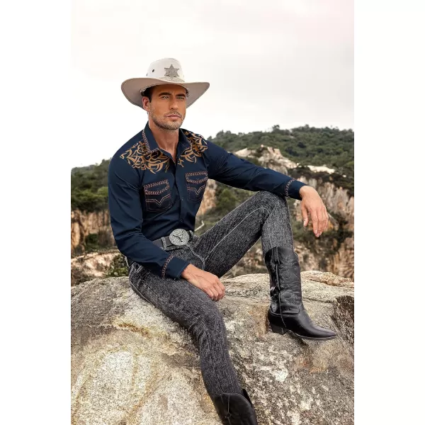 COOFANDY Men's Western Cowboy Shirt Embroidered Long Sleeve Casual Cotton Snap Button Down Shirts with Pockets
