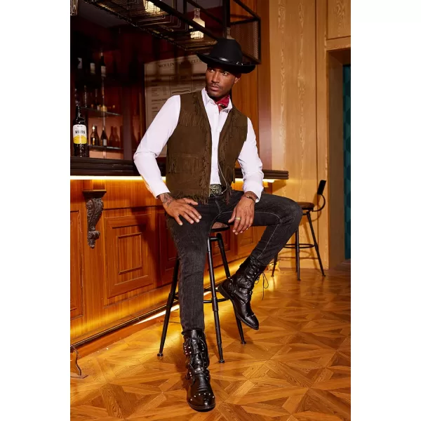 COOFANDY Men's Western Cowboy Vest Casual Fringe Hippie Costume V Neck Zipper Suede Leather Waistcoat