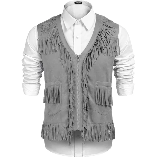 COOFANDY Men's Western Cowboy Vest Casual Fringe Hippie Costume V Neck Zipper Suede Leather Waistcoat