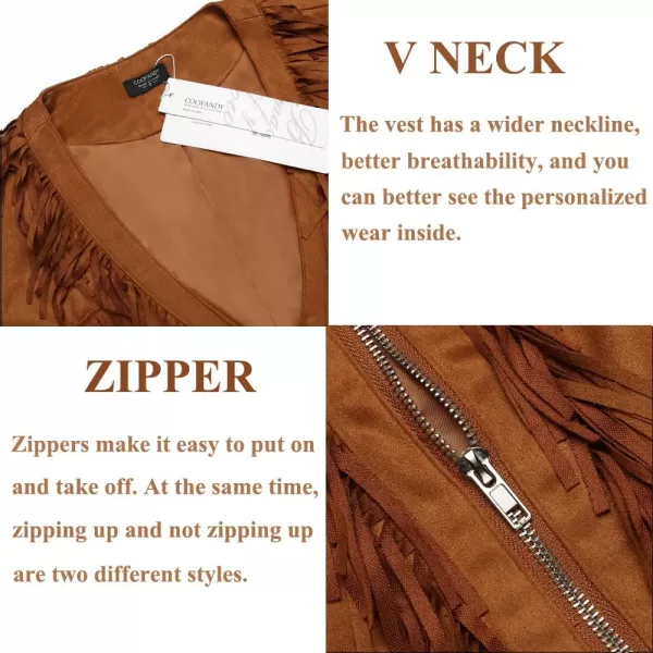 COOFANDY Men's Western Cowboy Vest Casual Fringe Hippie Costume V Neck Zipper Suede Leather Waistcoat