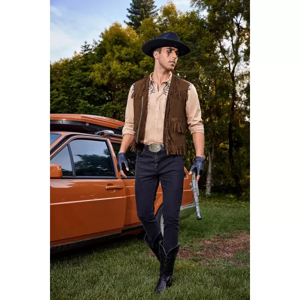 COOFANDY Men's Western Cowboy Vest Casual Fringe Hippie Costume V Neck Zipper Suede Leather Waistcoat