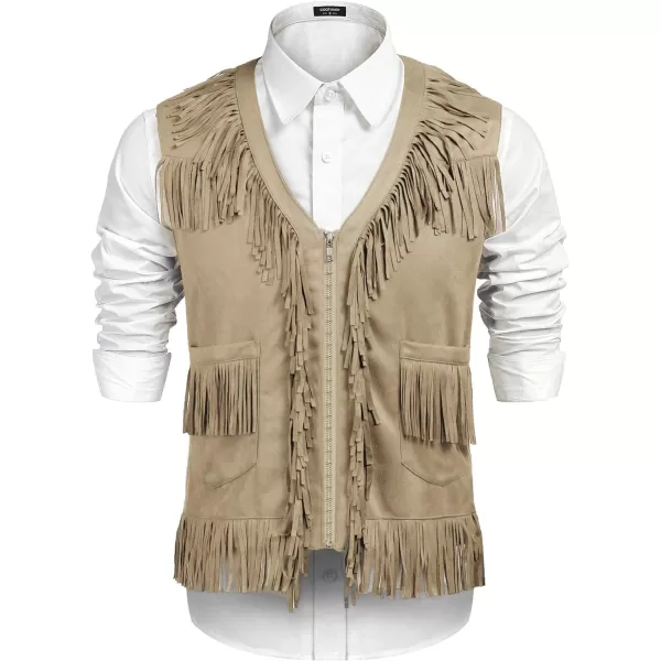 COOFANDY Men's Western Cowboy Vest Casual Fringe Hippie Costume V Neck Zipper Suede Leather Waistcoat
