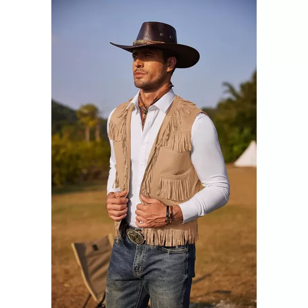 COOFANDY Men's Western Cowboy Vest Casual Fringe Hippie Costume V Neck Zipper Suede Leather Waistcoat
