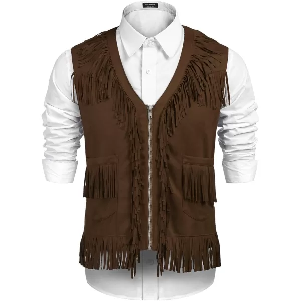 COOFANDY Men's Western Cowboy Vest Casual Fringe Hippie Costume V Neck Zipper Suede Leather Waistcoat