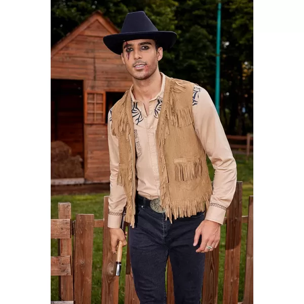 COOFANDY Men's Western Cowboy Vest Casual Fringe Hippie Costume V Neck Zipper Suede Leather Waistcoat