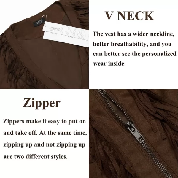 COOFANDY Men's Western Cowboy Vest Casual Fringe Hippie Costume V Neck Zipper Suede Leather Waistcoat