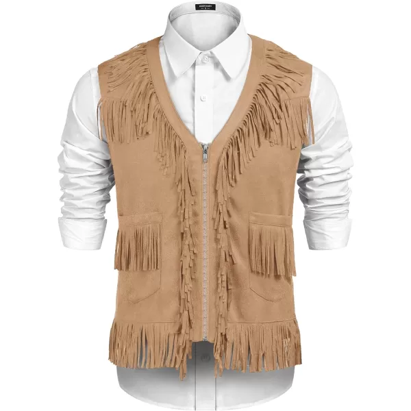 COOFANDY Men's Western Cowboy Vest Casual Fringe Hippie Costume V Neck Zipper Suede Leather Waistcoat
