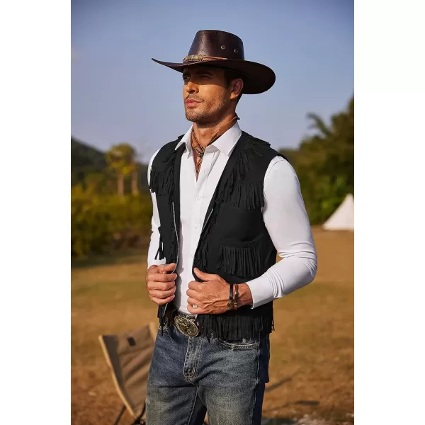 COOFANDY Men's Western Cowboy Vest Casual Fringe Hippie Costume V Neck Zipper Suede Leather Waistcoat
