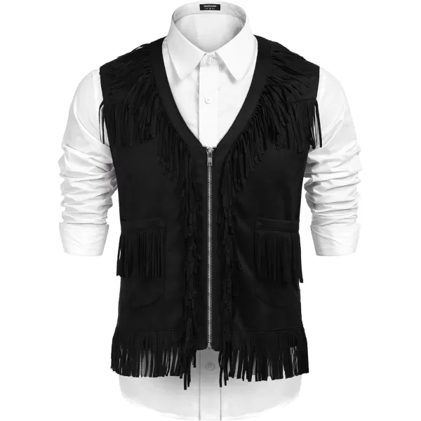COOFANDY Men's Western Cowboy Vest Casual Fringe Hippie Costume V Neck Zipper Suede Leather Waistcoat