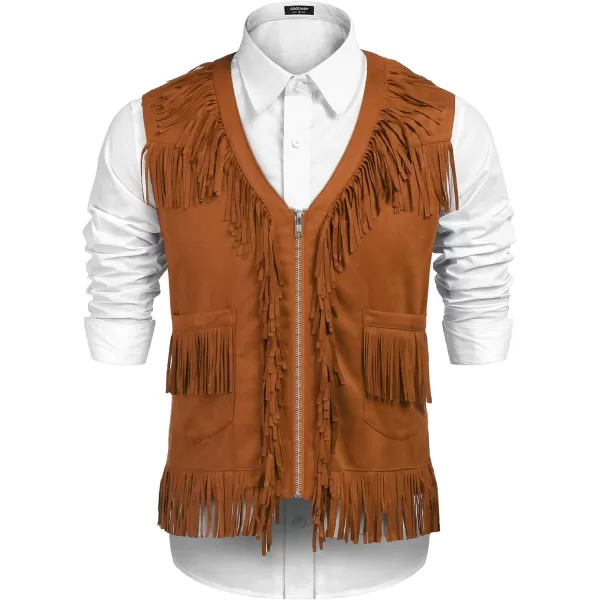 COOFANDY Men's Western Cowboy Vest Casual Fringe Hippie Costume V Neck Zipper Suede Leather Waistcoat
