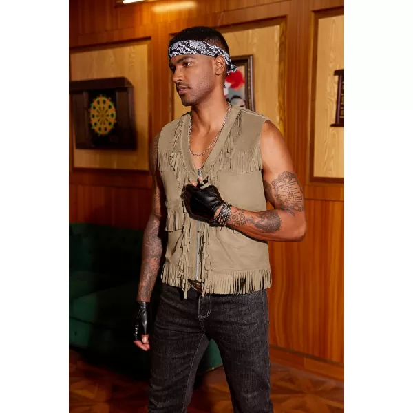 COOFANDY Men's Western Cowboy Vest Casual Fringe Hippie Costume V Neck Zipper Suede Leather Waistcoat