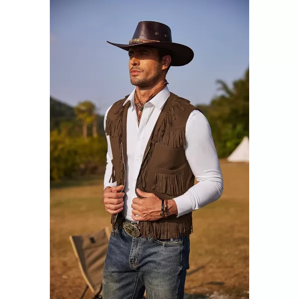 COOFANDY Men's Western Cowboy Vest Casual Fringe Hippie Costume V Neck Zipper Suede Leather Waistcoat
