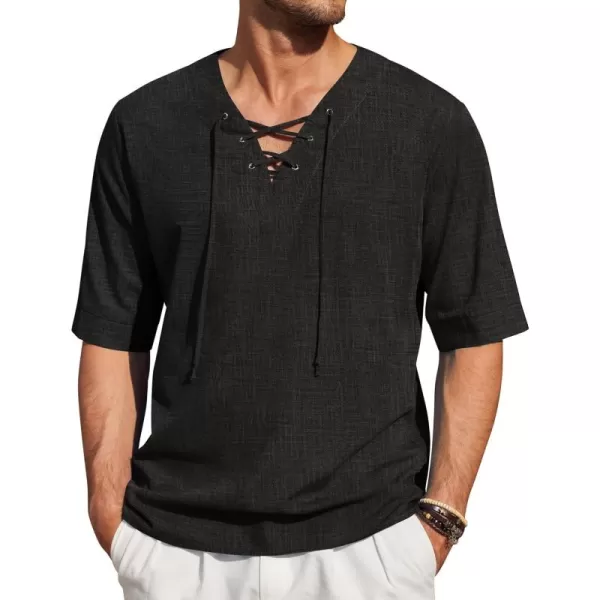 COOFANDY Men Cotton Linen Shirts Lace Up Short Sleeve Beach Shirts V Neck Hippie Yoga Boho Renaissance Tunic