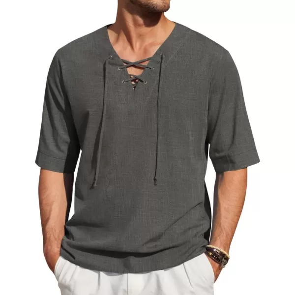 COOFANDY Men Cotton Linen Shirts Lace Up Short Sleeve Beach Shirts V Neck Hippie Yoga Boho Renaissance Tunic