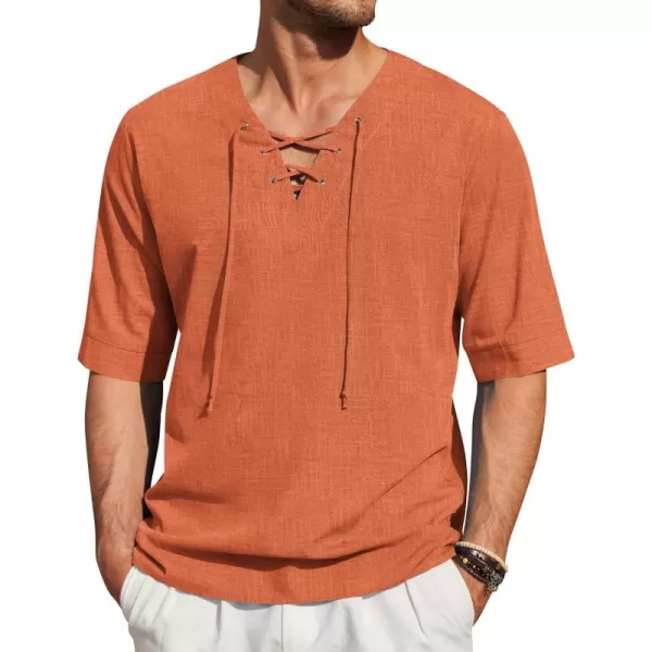 COOFANDY Men Cotton Linen Shirts Lace Up Short Sleeve Beach Shirts V Neck Hippie Yoga Boho Renaissance Tunic