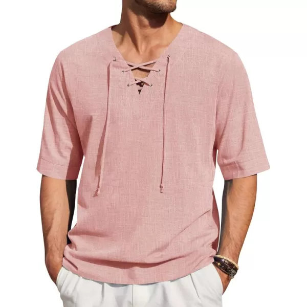 COOFANDY Men Cotton Linen Shirts Lace Up Short Sleeve Beach Shirts V Neck Hippie Yoga Boho Renaissance Tunic