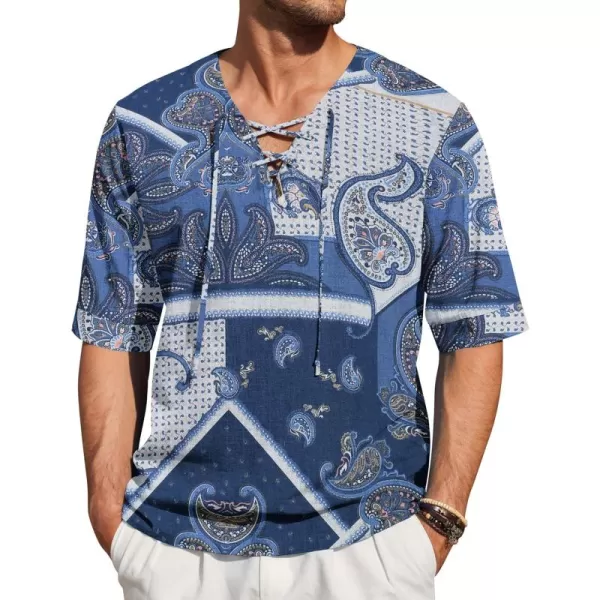 COOFANDY Men Cotton Linen Shirts Lace Up Short Sleeve Beach Shirts V Neck Hippie Yoga Boho Renaissance Tunic