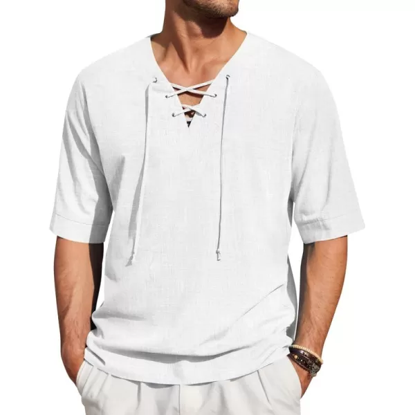 COOFANDY Men Cotton Linen Shirts Lace Up Short Sleeve Beach Shirts V Neck Hippie Yoga Boho Renaissance Tunic