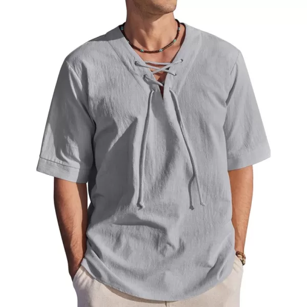 COOFANDY Men Cotton Linen Shirts Lace Up Short Sleeve Beach Shirts V Neck Hippie Yoga Boho Renaissance Tunic