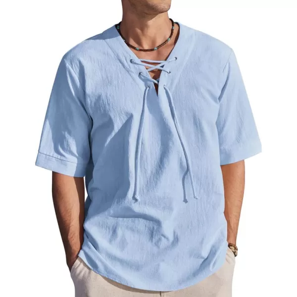 COOFANDY Men Cotton Linen Shirts Lace Up Short Sleeve Beach Shirts V Neck Hippie Yoga Boho Renaissance Tunic