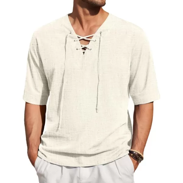 COOFANDY Men Cotton Linen Shirts Lace Up Short Sleeve Beach Shirts V Neck Hippie Yoga Boho Renaissance Tunic