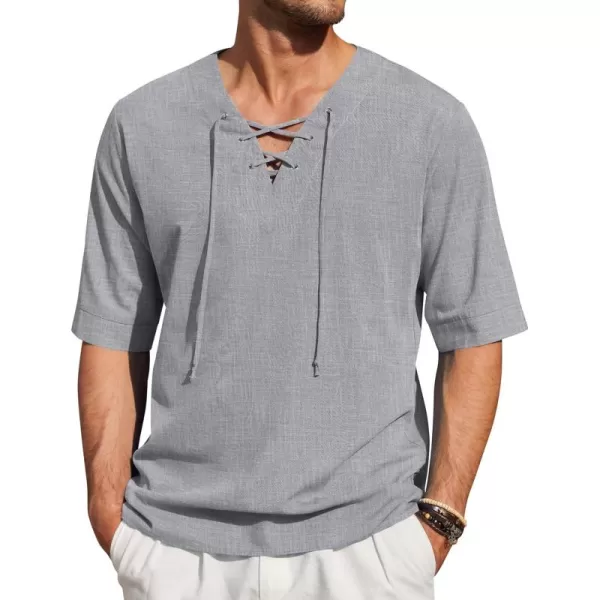 COOFANDY Men Cotton Linen Shirts Lace Up Short Sleeve Beach Shirts V Neck Hippie Yoga Boho Renaissance Tunic