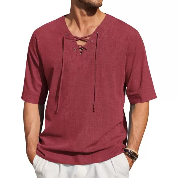 COOFANDY Men Cotton Linen Shirts Lace Up Short Sleeve Beach Shirts V Neck Hippie Yoga Boho Renaissance Tunic