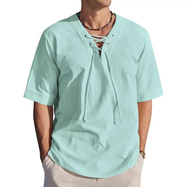COOFANDY Men Cotton Linen Shirts Lace Up Short Sleeve Beach Shirts V Neck Hippie Yoga Boho Renaissance Tunic
