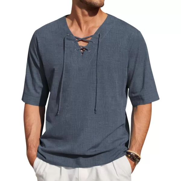 COOFANDY Men Cotton Linen Shirts Lace Up Short Sleeve Beach Shirts V Neck Hippie Yoga Boho Renaissance Tunic