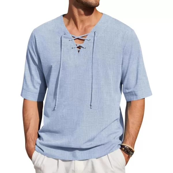 COOFANDY Men Cotton Linen Shirts Lace Up Short Sleeve Beach Shirts V Neck Hippie Yoga Boho Renaissance Tunic