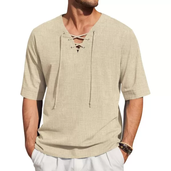 COOFANDY Men Cotton Linen Shirts Lace Up Short Sleeve Beach Shirts V Neck Hippie Yoga Boho Renaissance Tunic