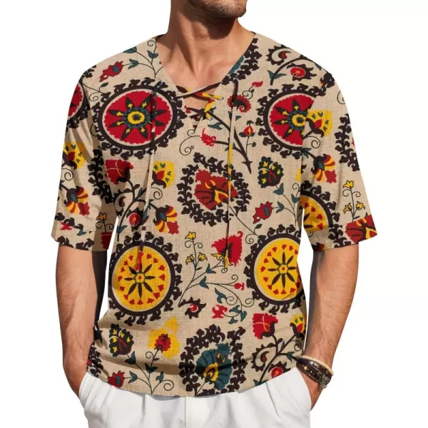 COOFANDY Men Cotton Linen Shirts Lace Up Short Sleeve Beach Shirts V Neck Hippie Yoga Boho Renaissance Tunic