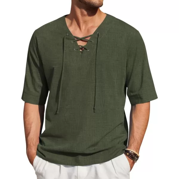 COOFANDY Men Cotton Linen Shirts Lace Up Short Sleeve Beach Shirts V Neck Hippie Yoga Boho Renaissance Tunic