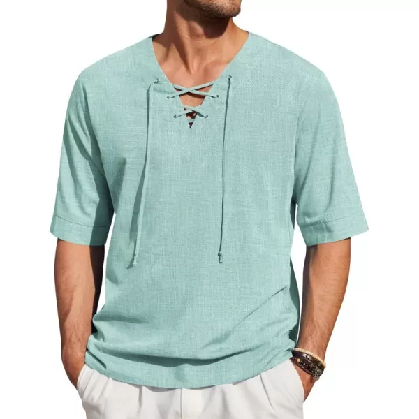 COOFANDY Men Cotton Linen Shirts Lace Up Short Sleeve Beach Shirts V Neck Hippie Yoga Boho Renaissance Tunic