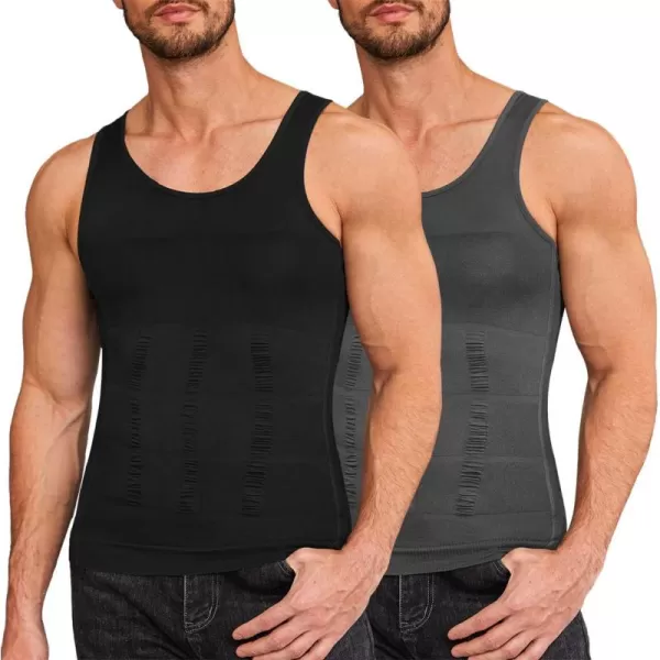COOFANDY Men's 2 Pack Compression Shirt Slimming Body Shaper Vest Gym Workout Tank Top Sleeveless Abdomen Shapewear