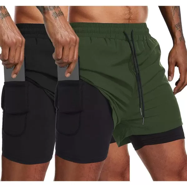 COOFANDY Men's 2 Pack Running Shorts 2 in 1 Workout Shorts Quick Dry Gym Training Athletic Jogger with Phone Pockets