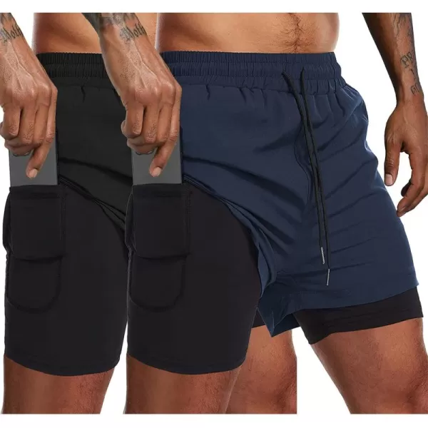 COOFANDY Men's 2 Pack Running Shorts 2 in 1 Workout Shorts Quick Dry Gym Training Athletic Jogger with Phone Pockets