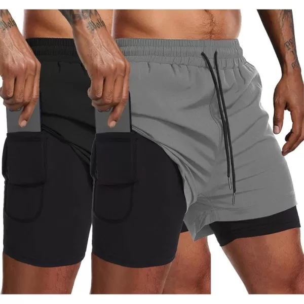 COOFANDY Men's 2 Pack Running Shorts 2 in 1 Workout Shorts Quick Dry Gym Training Athletic Jogger with Phone Pockets