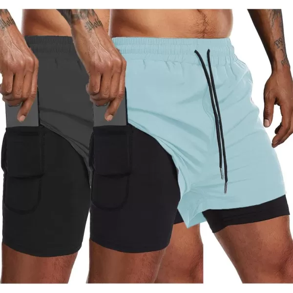 COOFANDY Men's 2 Pack Running Shorts 2 in 1 Workout Shorts Quick Dry Gym Training Athletic Jogger with Phone Pockets