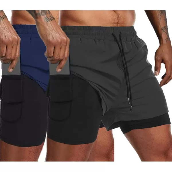 COOFANDY Men's 2 Pack Running Shorts 2 in 1 Workout Shorts Quick Dry Gym Training Athletic Jogger with Phone Pockets