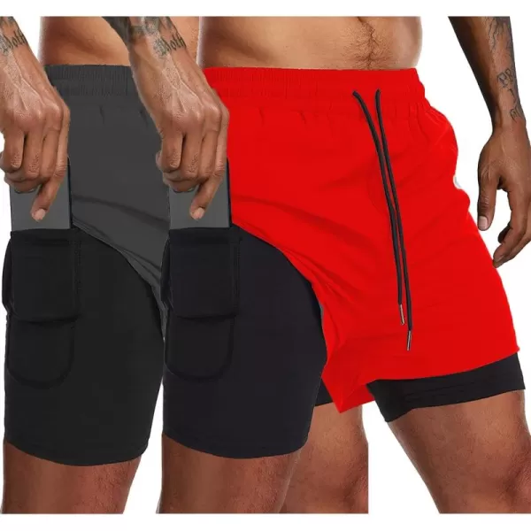 COOFANDY Men's 2 Pack Running Shorts 2 in 1 Workout Shorts Quick Dry Gym Training Athletic Jogger with Phone Pockets
