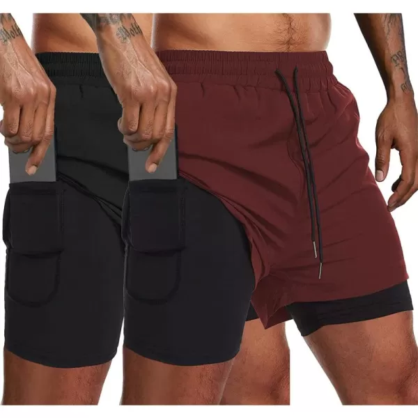 COOFANDY Men's 2 Pack Running Shorts 2 in 1 Workout Shorts Quick Dry Gym Training Athletic Jogger with Phone Pockets