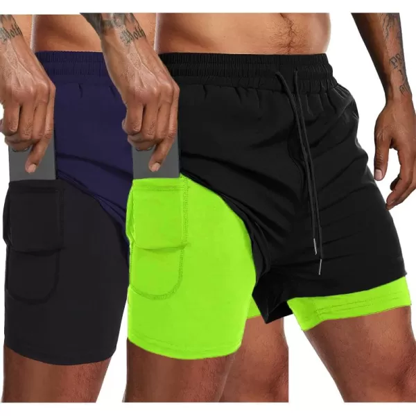 COOFANDY Men's 2 Pack Running Shorts 2 in 1 Workout Shorts Quick Dry Gym Training Athletic Jogger with Phone Pockets+navy Blue)