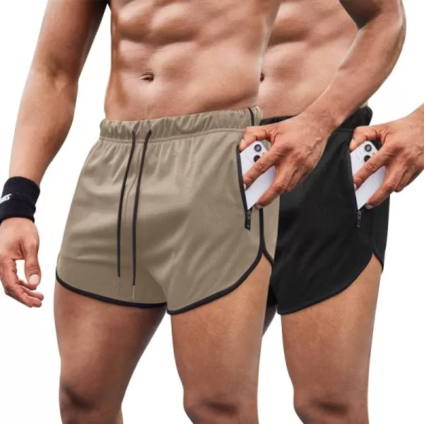 COOFANDY Men's 2 Pack Running Shorts 3 Inch Lightweight Quick Dry Athletic Gym Workout Shorts with Zipper Pockets