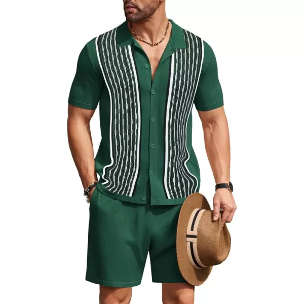 COOFANDY Men's 2 Piece Outfit Vintage Short Sleeve Button Down Knit Polo Shirts Casual Beach Shorts Sets