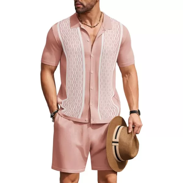 COOFANDY Men's 2 Piece Outfit Vintage Short Sleeve Button Down Knit Polo Shirts Casual Beach Shorts Sets