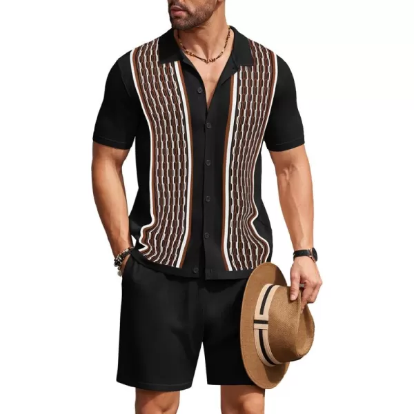 COOFANDY Men's 2 Piece Outfit Vintage Short Sleeve Button Down Knit Polo Shirts Casual Beach Shorts Sets