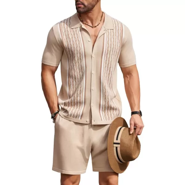 COOFANDY Men's 2 Piece Outfit Vintage Short Sleeve Button Down Knit Polo Shirts Casual Beach Shorts Sets