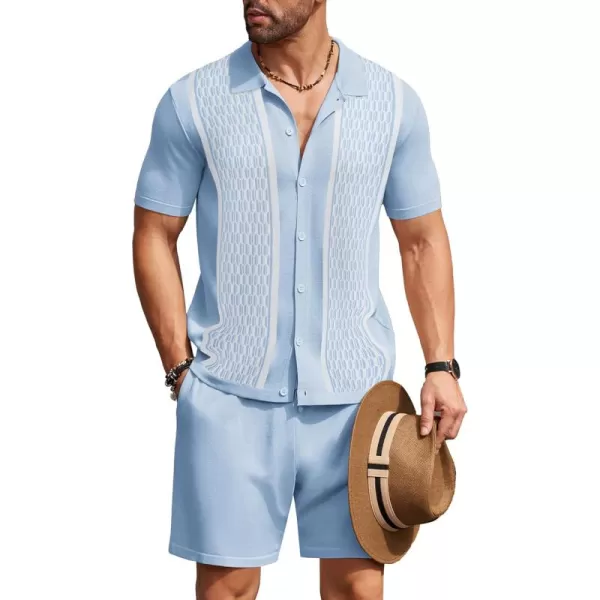 COOFANDY Men's 2 Piece Outfit Vintage Short Sleeve Button Down Knit Polo Shirts Casual Beach Shorts Sets