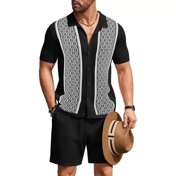 COOFANDY Men's 2 Piece Outfit Vintage Short Sleeve Button Down Knit Polo Shirts Casual Beach Shorts Sets